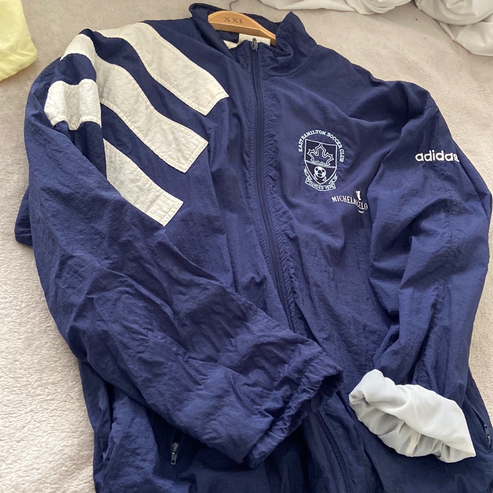Vintage Adidas soccer jacket. Navy blue and white. Size US Large